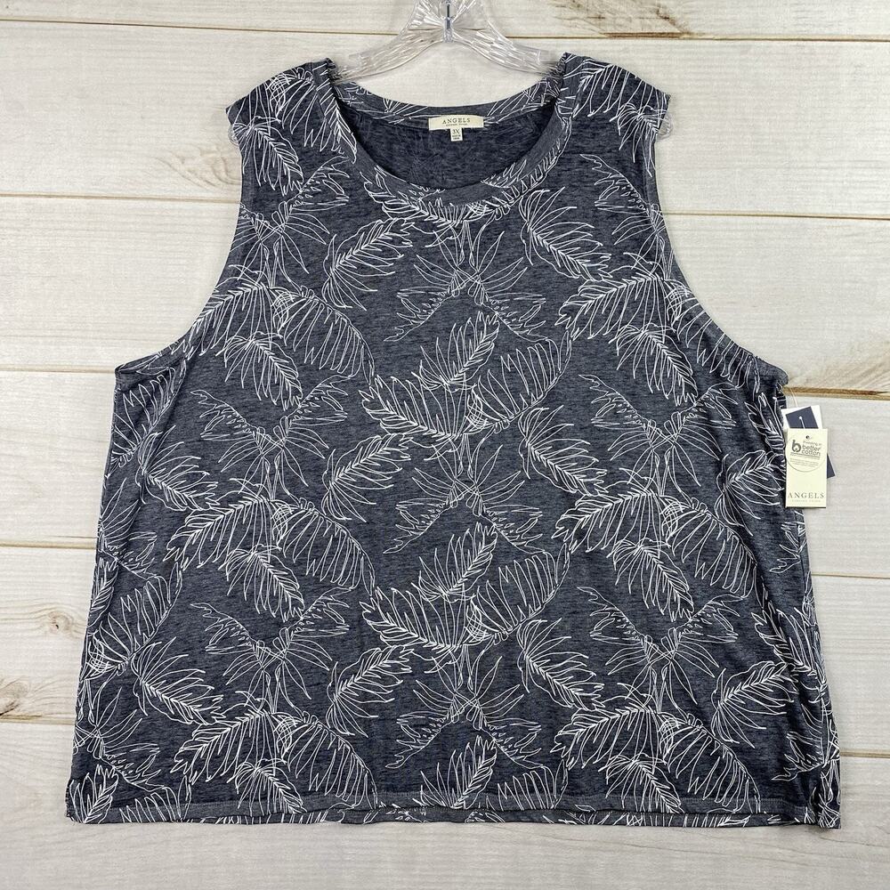 Angels Forever Young Top Womens 3X Blue Palm Floral Tank Stretch Cotton NWT